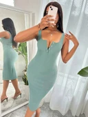 Kadın Askılı önü Düğmeli Midi Kaşkorse Elbise thumbnail 4