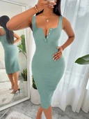 Kadın Askılı önü Düğmeli Midi Kaşkorse Elbise thumbnail 3