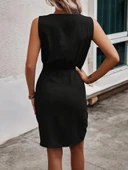 Kadın Sıfır Kollu Degaje Yakalı Yandan Bağlamalı Aerobin Elbise thumbnail 3