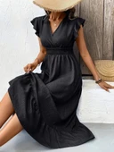 Kadın Kısa Kelebek Kollu Kruvaze Yakalı Beli Lastikli Aerobin Elbise thumbnail 3