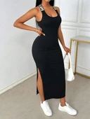 Kadın Yuvarlak Yaka Sırttan çapraz şerit Love Detaylı Yırtmaçlı Viskon Elbise thumbnail 4