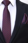Esgue Hand Made 7.5 cm Desenli Bordo Lacivert Mendilli Kravat thumbnail 3