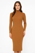 Kadın Boğazlı Uzun Fitilli Triko Dokuma Elbise - Kahverengi thumbnail 2
