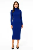 Kadın Boğazlı Uzun Fitilli Triko Dokuma Elbise - Saks Mavisi thumbnail 2