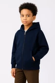 Erkek Çocuk Kapüşonlu Kanguru Çepli  Tam Fermuarlı Hırka SweatShirt - Lacivert - 1
