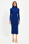 Kadın Boğazlı Uzun Fitilli Triko Dokuma Elbise - Saks Mavisi thumbnail 3