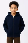 Erkek Çocuk Kapüşonlu Kanguru Çepli  Tam Fermuarlı Hırka SweatShirt - Lacivert - 2