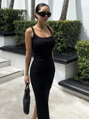 Kadın Ip Askılı Yuvarlak Yakalı Yırtmaçlı Midi Kaşkorse Elbise thumbnail 2