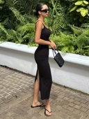 Kadın Ip Askılı Yuvarlak Yakalı Yırtmaçlı Midi Kaşkorse Elbise thumbnail 3