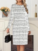 Kadın Uzun Kollu Bisiklet Yaka Desenli Dalgıç Kısa Elbise thumbnail 4