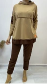 Kadın Kahve Kapşonlu Etek Ucu Detay Arma Ters Dikiş Gorunumlu Ikili Takım thumbnail 4