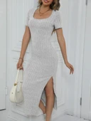 Kadın Kısa Kollu Kare Yaka Yandan Yırtmaçlı Fitilli Kaşkorse Elbise thumbnail 2