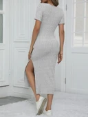 Kadın Kısa Kollu Kare Yaka Yandan Yırtmaçlı Fitilli Kaşkorse Elbise thumbnail 5