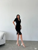 Kadın Kruvaze Yaka Yandan Yırtmaç Detaylı Scuba Krep Kumaş Midi Boy Elbise thumbnail 4