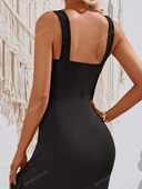 Kadın Askılı V Yakalı önden Fırfırlı Uzun Dalgıç Elbise thumbnail 6