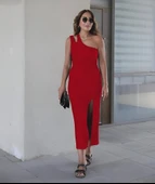 Kadın Kolsuz Tek Omuz Damla Detay JanJan Krep Elbise thumbnail 1