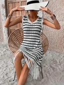 Kadın Kolsuz V Yaka Eteği Püsküllü çizgi Desen Triko Elbise thumbnail 6