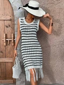 Kadın Kolsuz V Yaka Eteği Püsküllü çizgi Desen Triko Elbise thumbnail 4