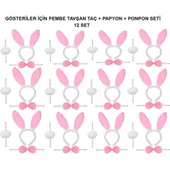 Pembe Tavşan Kostüm Seti – Taç, Papyon, Ponpon (12’li Paket) - 1