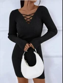 Kadın Uzun Kollu V Yakalı çapraz şerit Detaylı şardonlu Kaşkorse Midi Elbise thumbnail 8