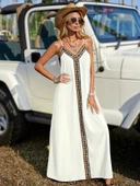 Kadın Askılı V Yakalı Etnik şerit Detaylı Uzun Viskon Elbise thumbnail 5