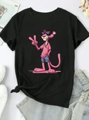 Pembe Panter Baskılı Oversize Bisiklet Yaka T-shirt - Beyaz thumbnail 2