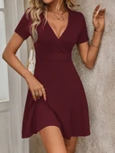 Kadın Kısa Kollu Kruvaze Yaka A Kesim Kalın Fitilli Kaşkorse Elbise thumbnail 2