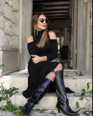 Kadın Balıkçı Yaka Omuzlardan Açık Uzun Kollu Janjan Krep Elbise thumbnail 2