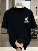 Baskılı Oversize Bisiklet Yaka T-shirt - Siyah - 2
