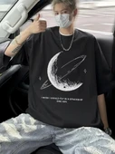 Baskılı Oversize Bisiklet Yaka T-shirt - Siyah - 2
