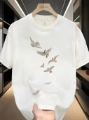 Baskılı Oversize Bisiklet Yaka T-shirt - Beyaz - 1