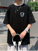 Baskılı Oversize Bisiklet Yaka T-shirt - Siyah - 4