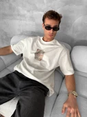 Erkek Ön Ve Arka Baskılı Oversize Bisiklet Yaka T-shirt - Beyaz thumbnail 4