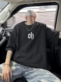 Baskılı Oversize Bisiklet Yaka T-shirt - Siyah - 1