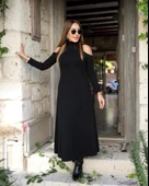 Kadın Balıkçı Yaka Omuzlardan Açık Uzun Kollu Janjan Krep Elbise thumbnail 3