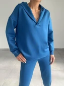 Kadın Uzun Kol V Yaka Kapüşon Detay Sweat Ve Yüksel Bel Eşofman Ikili Takım - 5