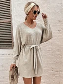 Kadın Uzun Kollu Fitilli şardonlu Detay Buklet Kuşaklı Yumoş Elbise thumbnail 1