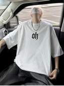 Baskılı Oversize Bisiklet Yaka T-shirt - Beyaz - 1