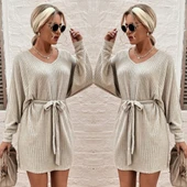 Kadın Uzun Kollu Fitilli şardonlu Detay Buklet Kuşaklı Yumoş Elbise thumbnail 3