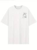 Baskılı Oversize Bisiklet Yaka T-shirt - Beyaz - 3
