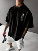 Baskılı Oversize Bisiklet Yaka T-shirt - Siyah - 2