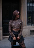 Leopar Desenli Uzun Kollu Crop - Leopar - 3