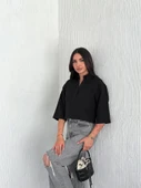 Crop Yakalı Gömlek Üç Çeyrek Sleeve Kol - Siyah - 4