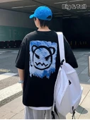 Baskılı Oversize Bisiklet Yaka T-shirt - Siyah - 1