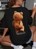 Baskılı Oversize Bisiklet Yaka T-shirt - Siyah - 1