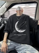 Baskılı Oversize Bisiklet Yaka T-shirt - Siyah - 1