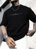 Baskılı Oversize Bisiklet Yaka T-shirt - Siyah - 1