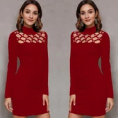 Kadın Uzun Kollu Bisiklet Yaka Lazer Kesim Inci Detay Viskon Iki Iplik Mini Boy Elbise thumbnail 3