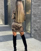 Kadın örme Viskon Kumaş Leopar Desenli çapraz Göğüs Detay Mini Boy Elbise thumbnail 6