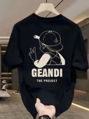 Geniş Kesim Pamuklu Tişört - GANDHI The Project Baskılı, Siyah, Rahat Kesim, Kısa Kollu, Günlük Kıyafet, Her Gün Giyilebilecek Tişört- Siyah - 1
